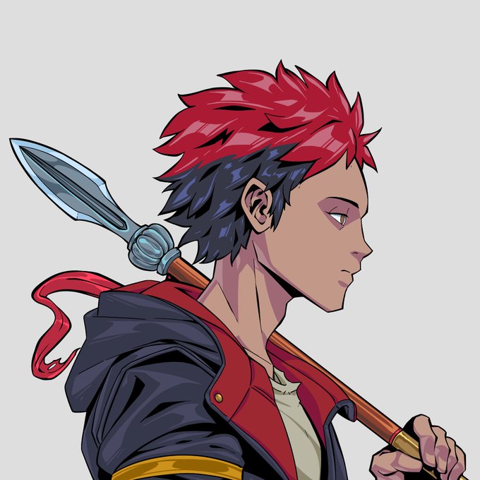The image features a man with red hair, dressed in black clothing and holding a sword or spear in his right hand while wearing a jacket. The background of the image is white, which contrasts with the colorful attire of the man. There are no other objects or texts present in the image.