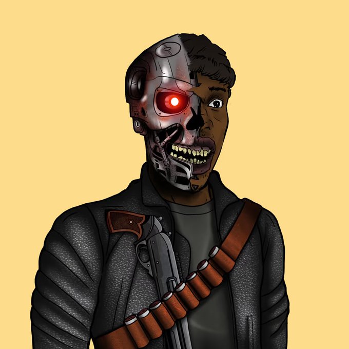 A cyberpunk-style character with half his face replaced by a robotic skull featuring a glowing red eye, grinning menacingly. The image pairs with the caption "Just saying who's watching?" to suggest an unsettling, machine-like presence keeping an eye on the viewer.