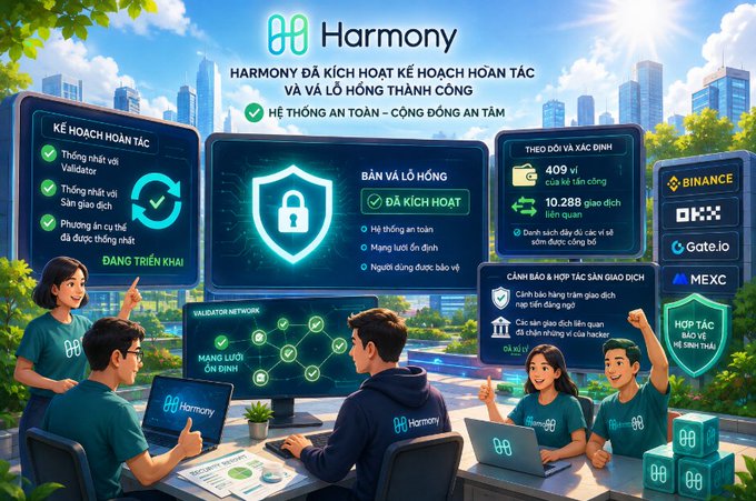 A digital infographic for Harmony crypto featuring a shield icon with Vietnamese text announcing the activation of a recovery plan and launch, showing validator status, security system details, and 409 validators with 10.288 giao dịch on the consensus network alongside Binance, Gate.io, and MEXC exchange logos.