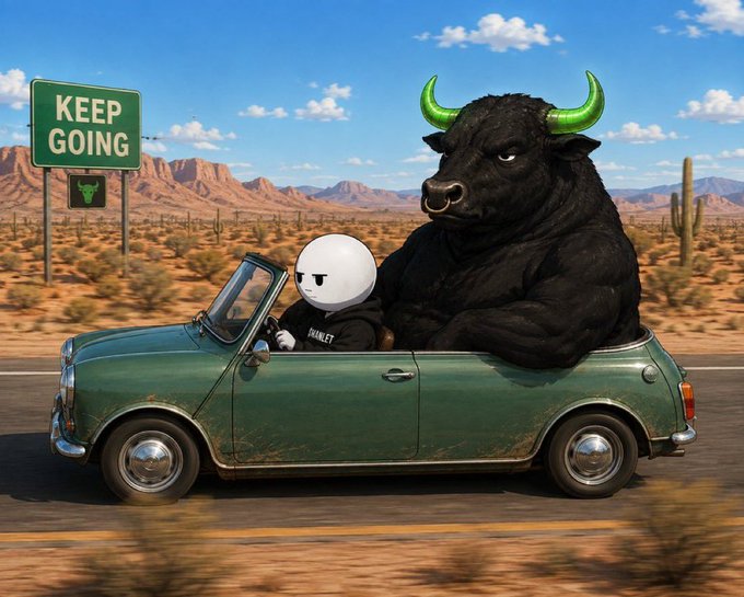 Digital illustration showing a character with a large white round head and a massive muscular black bull with green horns riding together in a vintage green convertible car on a desert road, with a 'KEEP GOING' sign featuring a bull silhouette in the background.