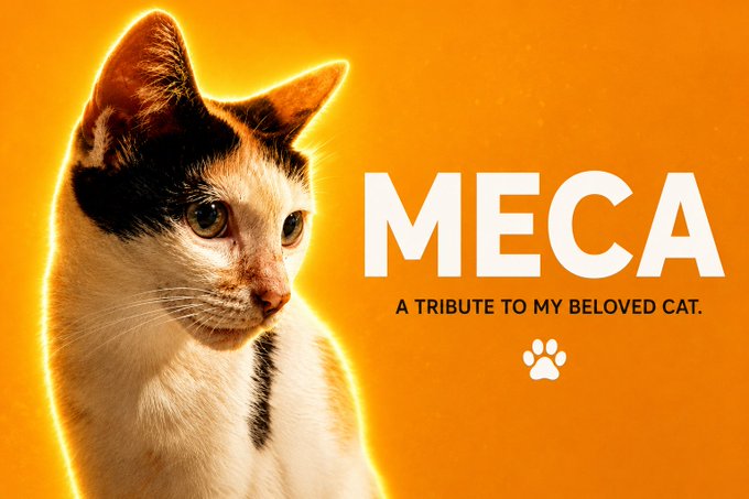 An orange-themed tribute graphic for a cat named 'MECA', featuring a calico cat on the left and the text 'A TRIBUTE TO MY BELOVED CAT.' with a paw print.