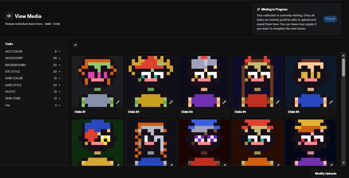 A digital NFT minting interface displays a collection of pixel-art character avatars with various traits (such as ACC COLOR, ACCESSORY, BACKGROUND, EYE STYLE, HAIR COLOR, HAIR STYLE, OUTFIT, SKIN TONE, and TIER), showing review of individual items alongside a "Minting in Progress" notification. The image relates to the post by showcasing the media and metadata review stage of the NFT minting process before the public mint-out reveal.
