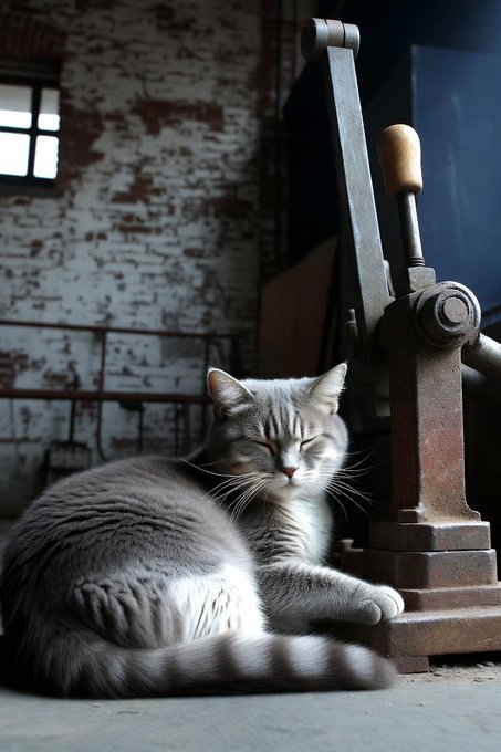 A grey and white cat rests with its eyes closed next to a rusty metal mechanical press inside a weathered brick building.