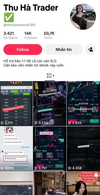 A TikTok profile page for "Thu Hà Trader" (@thuhanatoo6789) with 14K followers and 50.7K likes, showing a grid of trading tutorial videos with view counts.