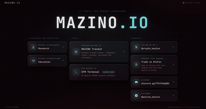 A dark-themed website landing page for 'MAZINO.IO', labeled 'TOOLS FOR MARKET OPERATORS', listing tools like 'MAZINO Researcher', 'Education', 'MAZINO Tracker', and 'GTM Terminal' alongside community links.