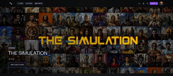 The image features a long banner with various images, including people and buildings, all set against a brown background. The caption below the image reads "The Simulation", indicating that this is a post about a video game or simulation. The text also mentions that the post is live on the front page of @TransientLabs, which could be a gaming or streaming platform related to the game or simulation being discussed in the image.