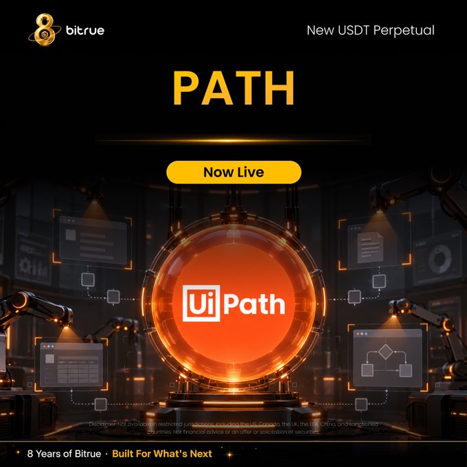 Bitrue promotional graphic announcing the new USDT Perpetual trading pair for PATH token, labeled 'Now Live' with the UiPath logo featured in an orange circular design.