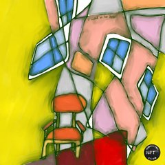 A colorful abstract painting with geometric shapes in yellow, pink, blue, and red, signed with 'NJT' in the corner.
