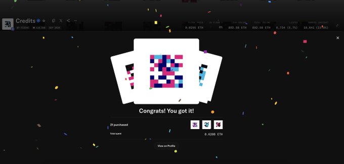 A screenshot of a dark-themed digital interface celebrating a purchase, displaying the text 'Congrats! You got it!' and '21 purchased' alongside pixelated art icons, with confetti falling across the screen.