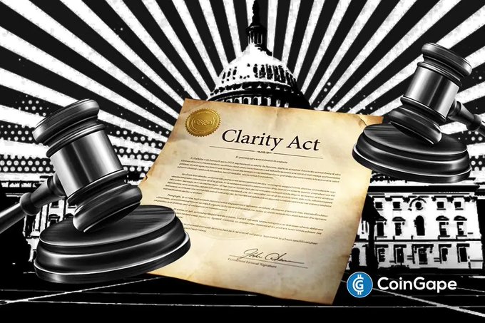 A document titled "Clarity Act" is centered between two judge's gavels, with the U.S. Capitol dome visible in the background against a black-and-white starburst pattern, illustrating the legislative momentum behind the CLARITY Act as it advances toward a Senate vote.
