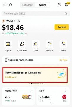 A screenshot of the Binance Wallet homepage showing a $18.46 balance and highlighting the "TermMax Booster Campaign" banner, which ties to the post's promotion of a new Binance Wallet Booster campaign offering free USDC rewards and a 2M TMX prize pool for users with 2+ Binance Alpha Points.