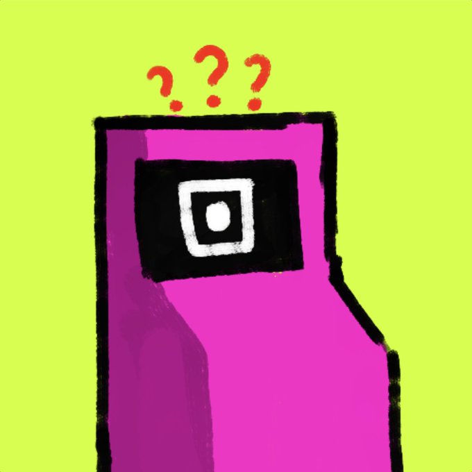 A bright pink arcade cabinet with a screen displaying a nested square pattern sits against a lime green background, with three red question marks floating above it—visually representing the pondering tone of the post as the writer questions whether Robinhood Chain could become a bridge for ordinals builders and IP collections.