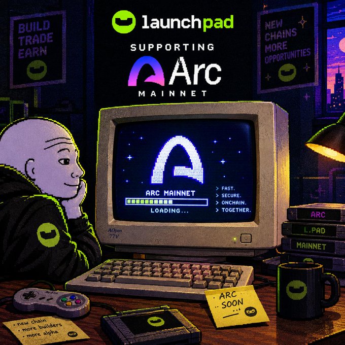 A pixel-art illustration shows a figure in a green "L.PAD" hoodie watching a retro CRT monitor that displays "ARC MAINNET LOADING..." with bullet points highlighting "FAST. SECURE. ONCHAIN. TOGETHER," while stickers, cassettes, and a gamepad reading "new chain, more builders, more alpha" and "ARC SOON" surround the desk beneath top banners declaring "launchpad SUPPORTING Arc MAINNET," "BUILD TRADE EARN," and "NEW CHAINS MORE OPPORTUNITIES," all reinforcing the post's announcement of Arc Mainnet launching on September 16th, 2026.