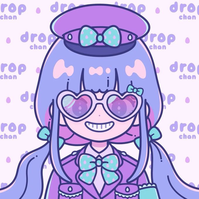 Pastel-colored anime-style illustration of a character with purple hair, heart-shaped sunglasses, and a beret, set against a background patterned with "drop chan" text.