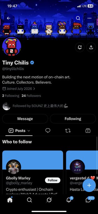 A mobile screenshot of an X (Twitter) profile for "Tiny Chilis" (@tinyitchilis) with the bio "Building the next motion of on-chain art. Culture. Collectors. Believers," showing 2 Following and 24 Followers.