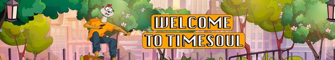 A cheerful cartoon panda mascot stands beside a sign reading "WELCOME TO TIMESOUL" in a vibrant, illustrated cityscape setting, visually introducing the mindfulness GameFi ecosystem mentioned in the post.