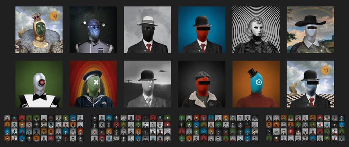 A grid of surreal portraits features figures in formal attire with various fantastical masks, including one figure in the lower left resembling a Stormtrooper with a bow tie.