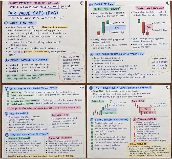 A detailed study guide titled 'CHART PATTERNS MASTERY COURSE - MODULE 6: ADVANCED PRICE ACTION | DAY 36' explaining Fair Value Gaps (FVG), including their three-candle structure, bullish and bearish types, and trading strategies.