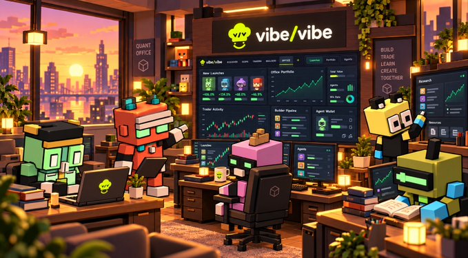 A stylized digital illustration depicts blocky characters working in an office with 'vibe/vibe' branding, monitors displaying charts, and a sunset cityscape view.