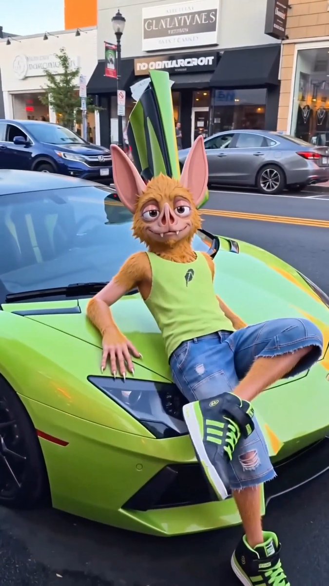 A 3D-rendered anthropomorphic bat character wearing a green tank top and denim shorts poses on the hood of a lime green Lamborghini on a city street.