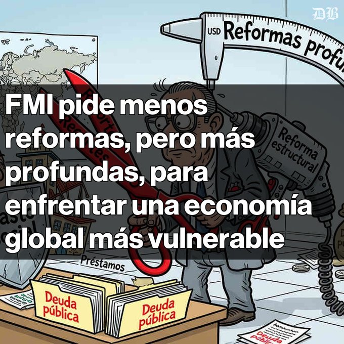 A political cartoon illustration overlaid with Spanish text translating to: 'IMF asks for fewer but deeper reforms to face a more vulnerable global economy,' featuring figures cutting public debt folders with giant scissors.