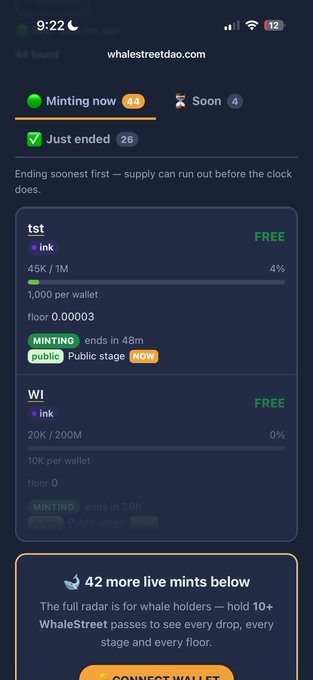 A mobile screenshot of whalestreetdao.com showing a "Minting now" section with token offerings for "tst" (45K/1M, floor 0.00003) and "WI" (20K/200M, floor 0).