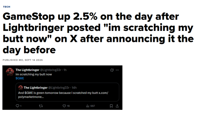 A screenshot showing a headline stating "GameStop up 2.5% on the day after Lightbringer posted 'im scratching my butt now' on X after announcing it the day before," alongside embedded X posts from @Lightbringer33r joking about $GME rising because he scratched his butt. The image humorously illustrates the post's incredulity at the absurd coincidence between the user's tweet and GameStop's stock movement.