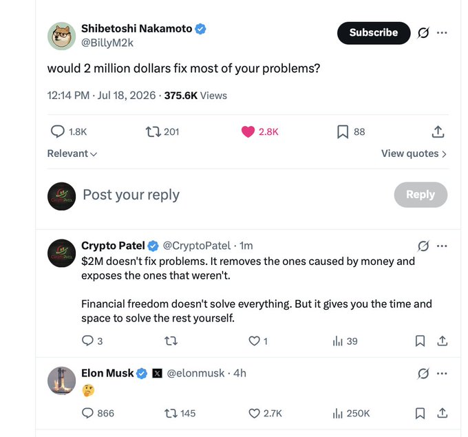 A screenshot of an X (Twitter) post by Dogecoin creator Shibetoshi Nakamoto (@BillyM2k) asking "would 2 million dollars fix most of your problems?" (375.6K views), featuring a reply from @CryptoPatel noting "$2M doesn't fix problems. It removes the ones caused by money and exposes the ones that weren't," and a 🤐 emoji response from Elon Musk.