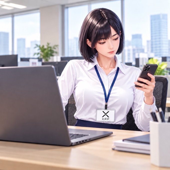 An anime-style illustration of a young woman with short black hair in a white blouse and XRP-branded ID badge, looking at her phone at an office desk.