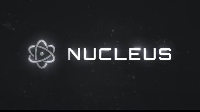 A sleek black logo screen displaying 'NUCLEUS' in metallic letters next to an atom-like symbol.