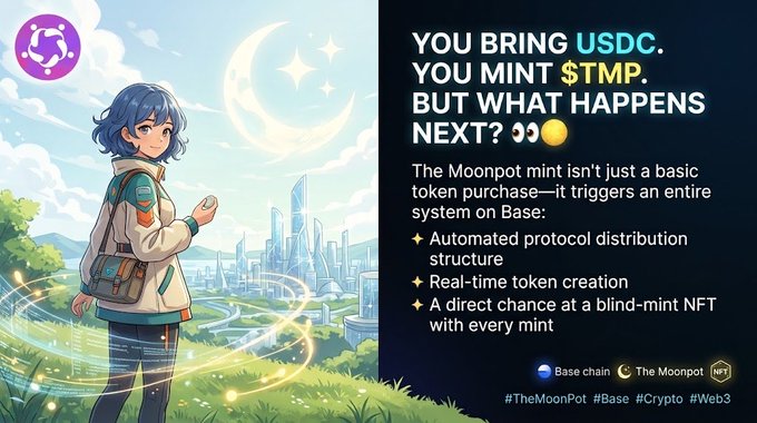 An anime-style illustration shows a blue-haired character in a futuristic landscape with a crescent moon and city skyline, paired with text explaining that depositing USDC to mint $TMP on The Moonpot triggers an automated system on Base chain, including real-time token creation, protocol distribution, and a chance at a blind-mint NFT, with hashtags #TheMoonPot #Base #Crypto #Web3.
