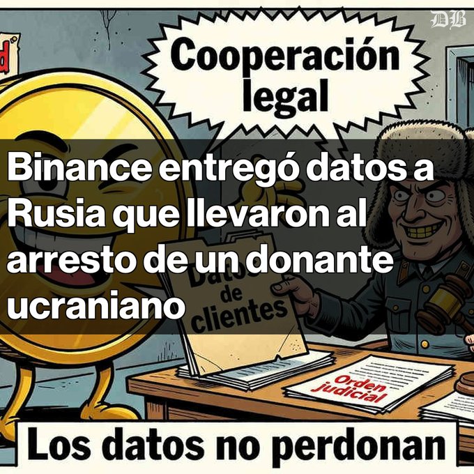 A political cartoon featuring a Bitcoin-like character and a soldier, with speech bubbles and text reading 'Cooperación legal', 'Binance entregó datos a Rusia que llevaron al arresto de un donante ucraniano', and 'Los datos no perdonan'.