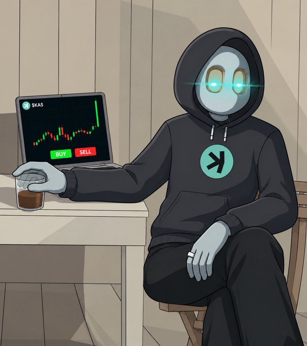 A hooded, masked crypto trader figure with glowing teal eyes sits at a laptop displaying a candlestick chart for "$KAS" with BUY/SELL buttons, alongside a tumbler of drink, embodying the discipline and risk management themes mentioned for the upcoming August 5th stream and $500 $SOL supporter drop.