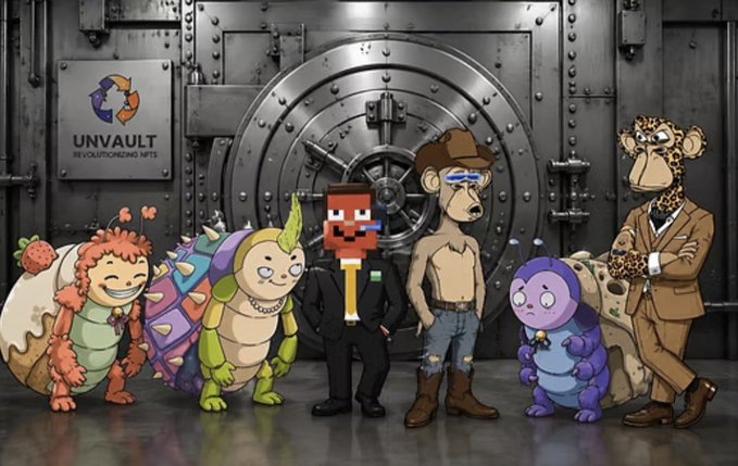 Illustration of various cartoon NFT characters from the UNVAULT 'Revolutionizing NFTs' collection standing together in front of a large bank vault door.