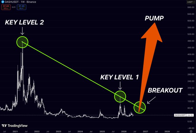!"A chart that has repeatedly failed multiple times, most people would say this coin just hit a trough", "a dead coin," "a multi-year resistance line that now seems to be being tested again," and "a key level 1".