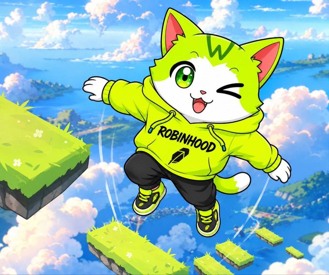 An anime-style illustration shows a winking white cat with green accents wearing a green 'ROBINHOOD' hoodie, leaping mid-air between floating grass platforms above a backdrop of blue ocean and fluffy clouds.