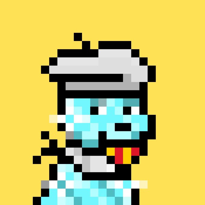 A pixel art illustration on a yellow background depicting a character with a blue beanie and a patterned blue and white sweater, holding what appears to be a small red and yellow object.