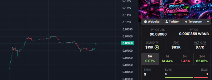 A cryptocurrency price chart for a token featuring 'BSc SpaceSafari' with the price listed at $0.08060 USD and 0.0001359 WBNB, showing a red downward trending line and various market metrics like liquidity and FDV.