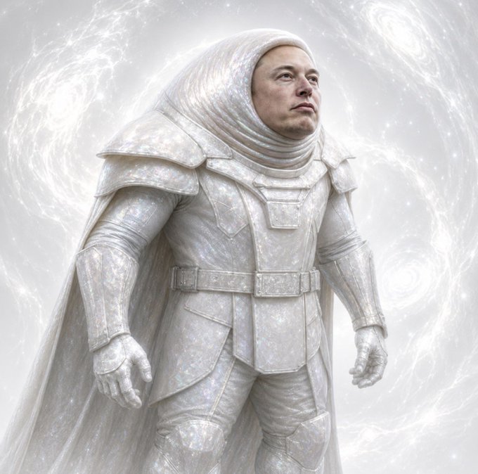 Digital artwork of a figure in futuristic white armor and hood with the face of Elon Musk against a sparkling white background.