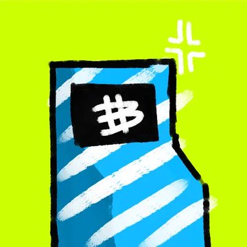 An illustration of a blue striped device or package with a black square displaying a white symbol, set against a bright green background with an angry emoticon above.