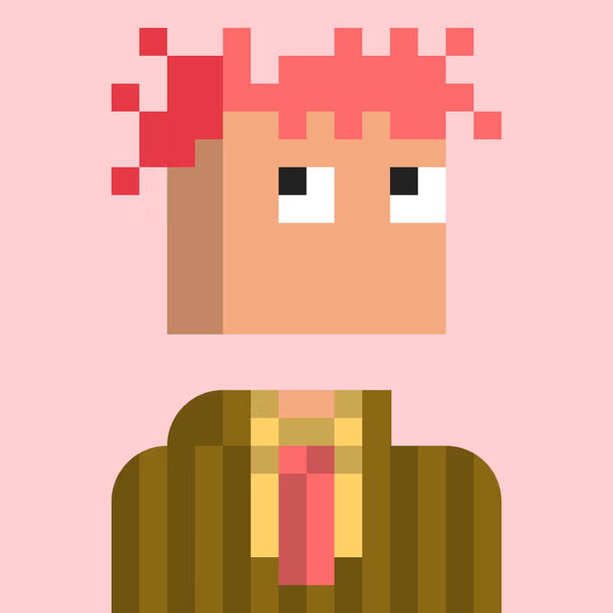 A pixel art illustration showing a brown-skinned character with red pixelated hair, wide white eyes, wearing a green jacket and red tie against a pink background.