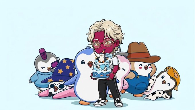 A cartoon illustration of a blonde character wearing glasses surrounded by various cute mascot characters, including a penguin and figures in hats.