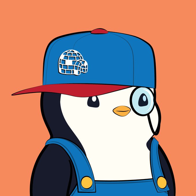 iced cartoon penguin, dressed in blue overalls and a red cap with a white "Penguin" logo, stands against an orange background.
