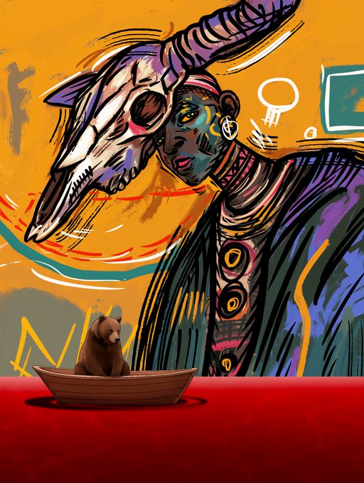 A vibrant digital illustration depicts a figure with a large horned animal skull mask and a colorful patterned garment, with a small bear sitting in a wooden boat below.