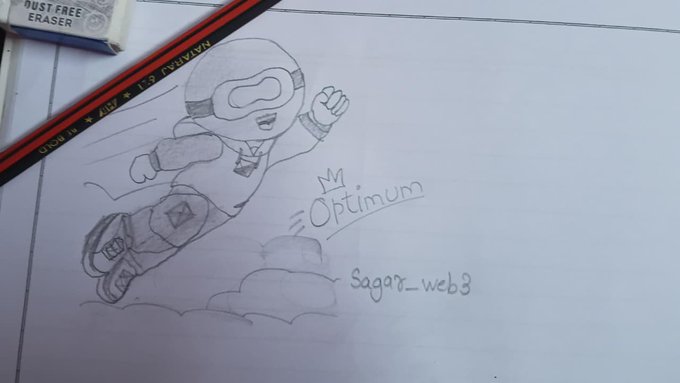 A pencil sketch on paper showing a cartoon astronaut character floating with 'Optimum' and 'Sagar_web3' written beside it, with pencils and an eraser on the desk.