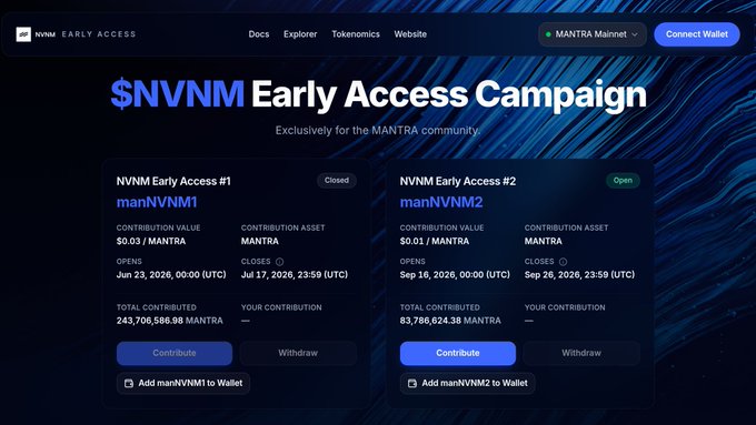 A 'MANTRA' website page for a '$NVNM Early Access Campaign' showing two contribution rounds (manNVNM1 Closed, manNVNM2 Open) with MANTRA token contributions.
