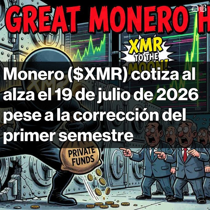 A cartoon-style illustration shows a masked bandit fleeing with a bag labeled "PRIVATE FUNDS" and coins, while suited men shout in pursuit, overlaid with the headline "GREAT MONERO" and a chart reading "XMR TO THE MOON!" The Spanish caption states Monero ($XMR) is rising on July 19, 2026 despite a first-semester correction, reflecting the post's note of XMR rebounding 8.88% over 30 days to $335.39 amid bullish "to the moon" sentiment.
