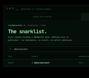 A dark-themed webpage showing a registry status check titled 'The snarklist,' which displays handles holding a SNARKLIST pass, currently showing the handle '@akirorproject'.
