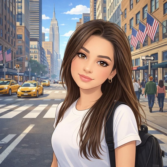 An illustrated portrait of a young woman with long brown hair wearing a white t-shirt and backpack, set against a New York City street scene featuring yellow taxis, the Empire State Building, and American flags.