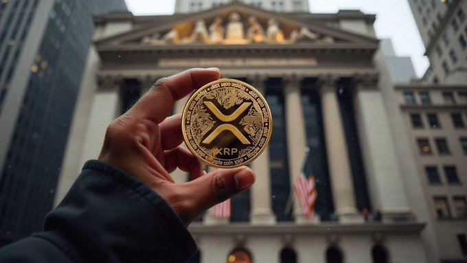 A hand holds up a physical XRP cryptocurrency coin in front of the New York Stock Exchange building.